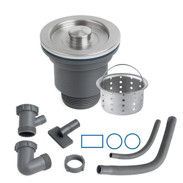 Kit Desagüe para Tarja de Cocina - Contracanasta con Colador 3-1/2" + Sifón + Céspol Flexible Doble - Tubo de Drenaje para Fregadero - Acero Inoxidable Color Plateado