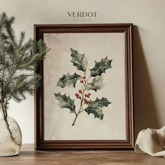 PosterArt Holly Berries Art Print Vintage Winter Botanical Poster Rustic Winter Holiday Wall Décor Holiday Design, 8x12 UNFRAMED