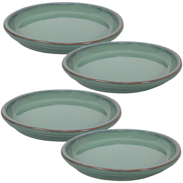 Sunnydaze Outdoor/Indoor High-Fired Glazed UV- and Frost-Resistant Ceramic Flower Pot Planter Saucers - 12" Diameter - Seafoam - 4-Pack