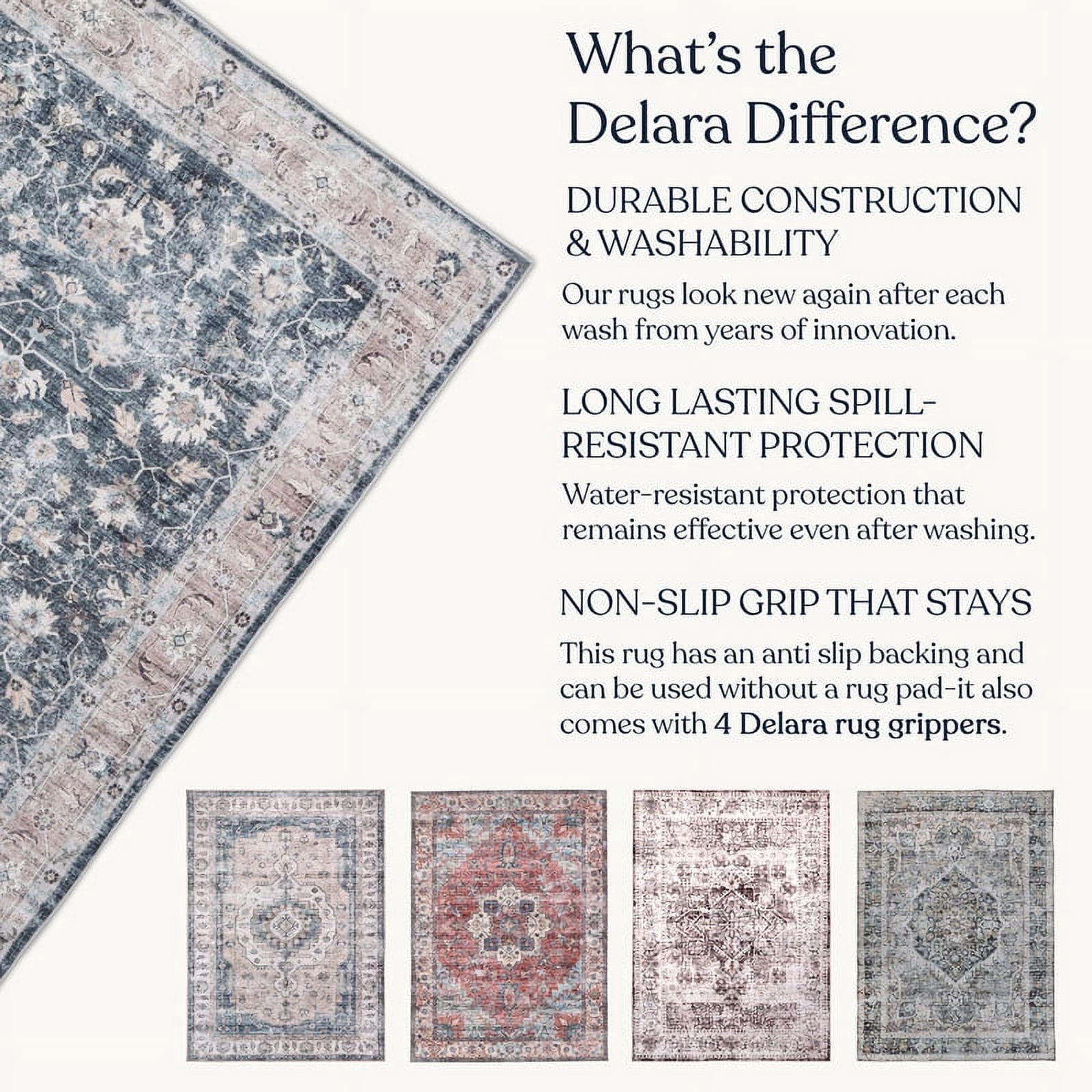 Delara 5'x7' Machine Washable Area Rug, Soft & Durable, Non-Slip, Stain Resistant, Midnight Garden, for Bedroom, Living & Dining Room