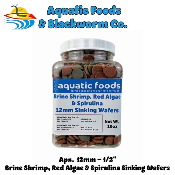 12mm - 1/2" Brine Shrimp/Red Algae Color Enhancing & Spirulina Algae Sinking Wafers for Shrimp, Snails, Plecos, All Fish - WL 10oz Sm Jar