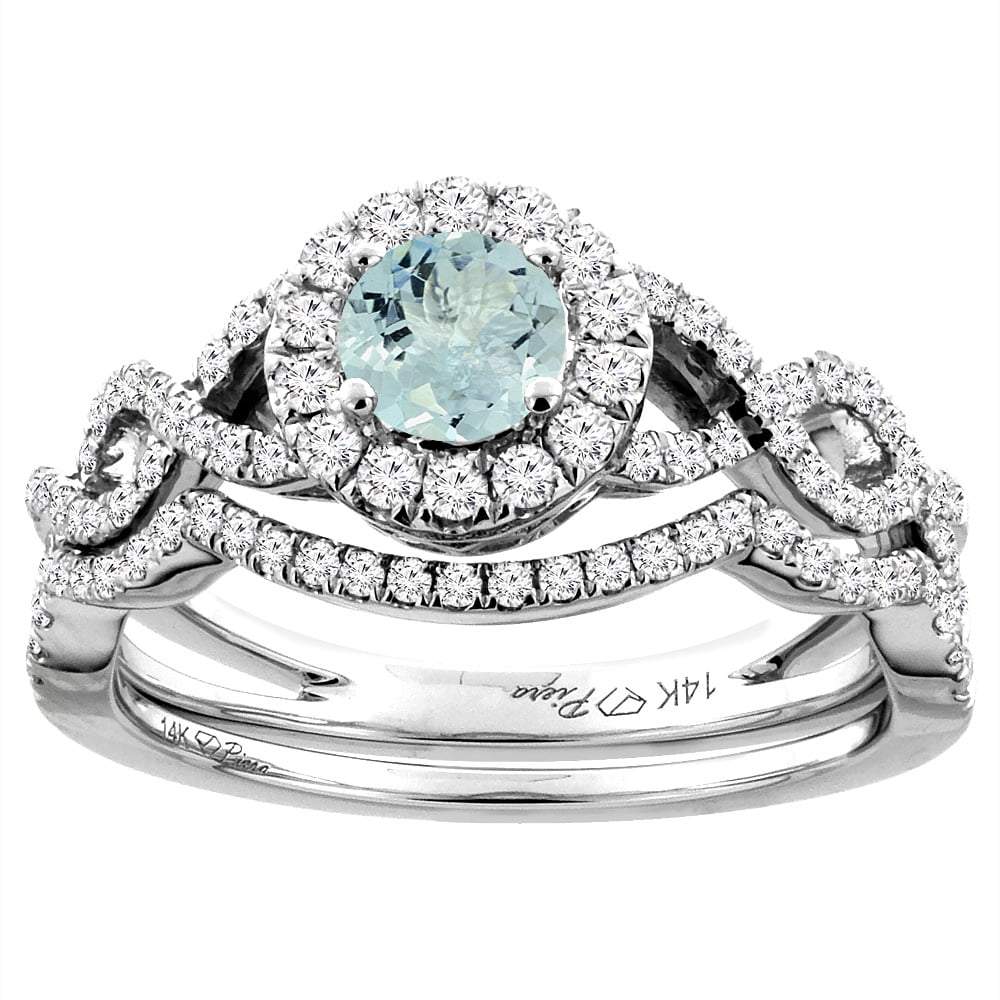 14K White Gold Diamond Natural Aquamarine Halo Engagement Bridal Ring Set Round 5 mm, size 5 by Gabriella Gold
