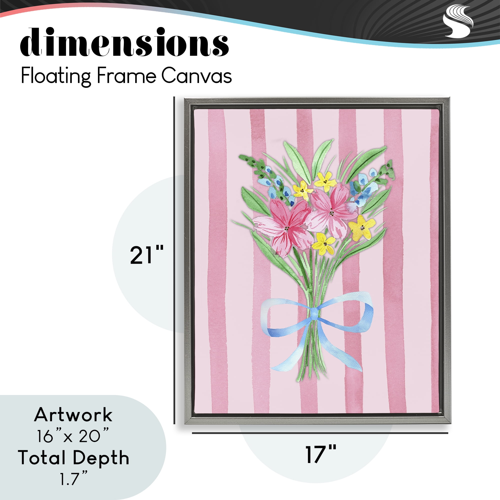 Spring Bouquet & Bow Stripes Gray Framed Floater Canvas Wall Art, design by Nina Jacobs