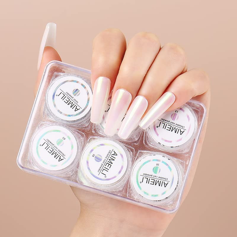 AIMEILI Pearl Chrome Nail Powder 6 Boxes Nail Art Manicure Powder Set