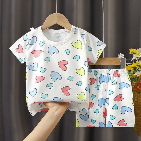 Mgmyaa Unisex Kids Heart Print Short Sleeve Crew Neck Top and Shorts 2-Piece Pajama Set for Kids Ages 6M-6Y