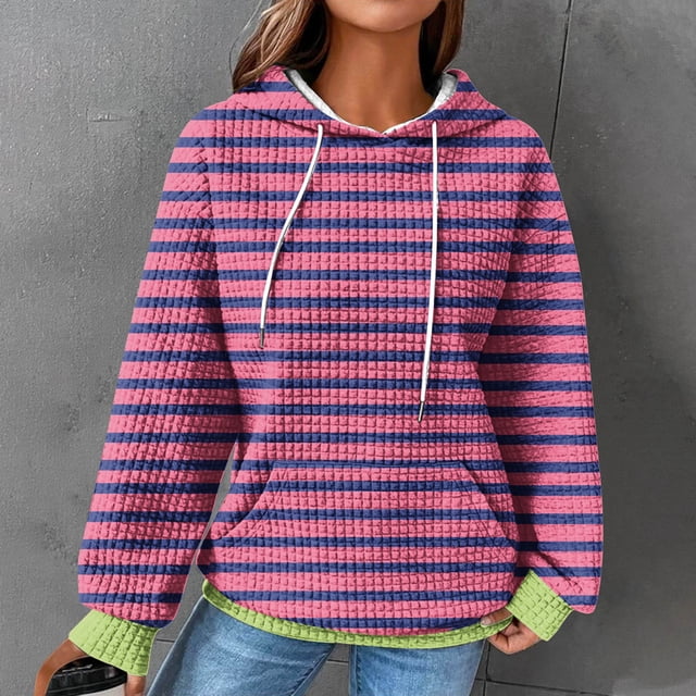 AOOCHASLIY Automne Grande Liquidation Sweat à Capuche pour Femmes 2024 Hiver Décontracté Imprimé Rayé Col Rond Manches Longues