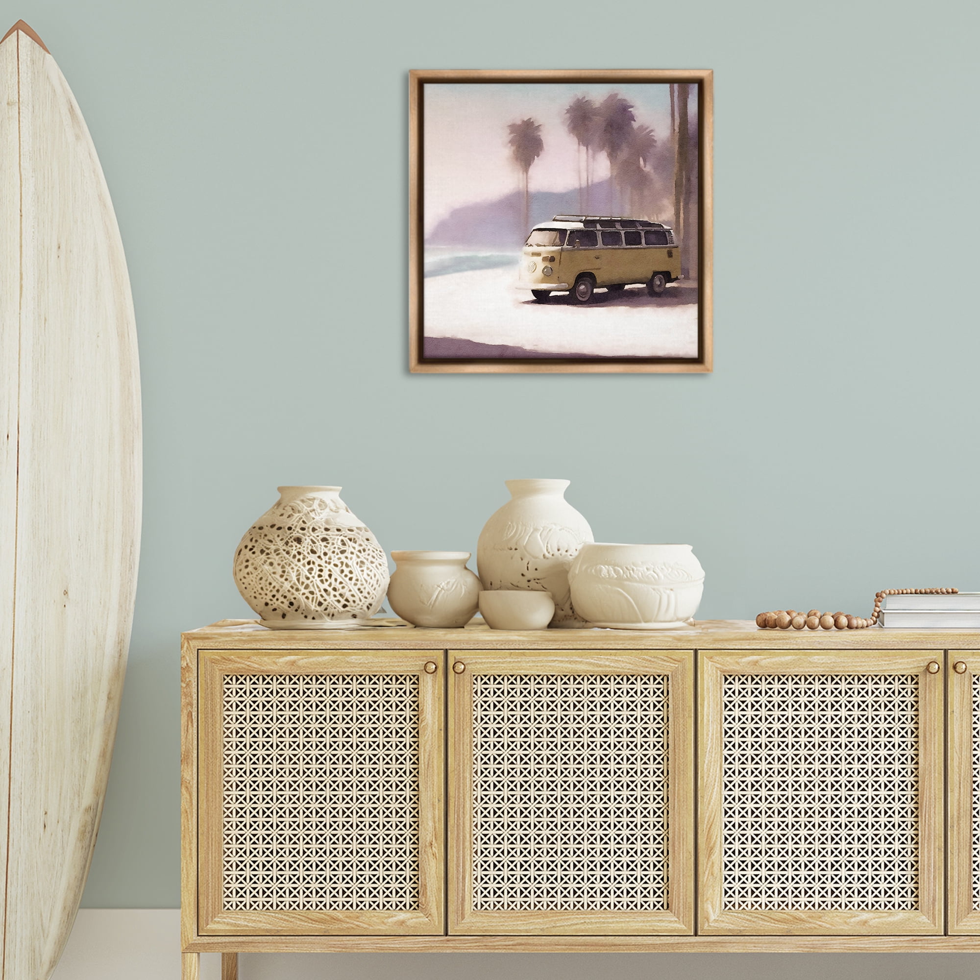 Stupell Industries Yellow Van on Beach Nautical & Beach Painting Brown Floater Framed Canvas Art Print Wall Art, 25 x 25