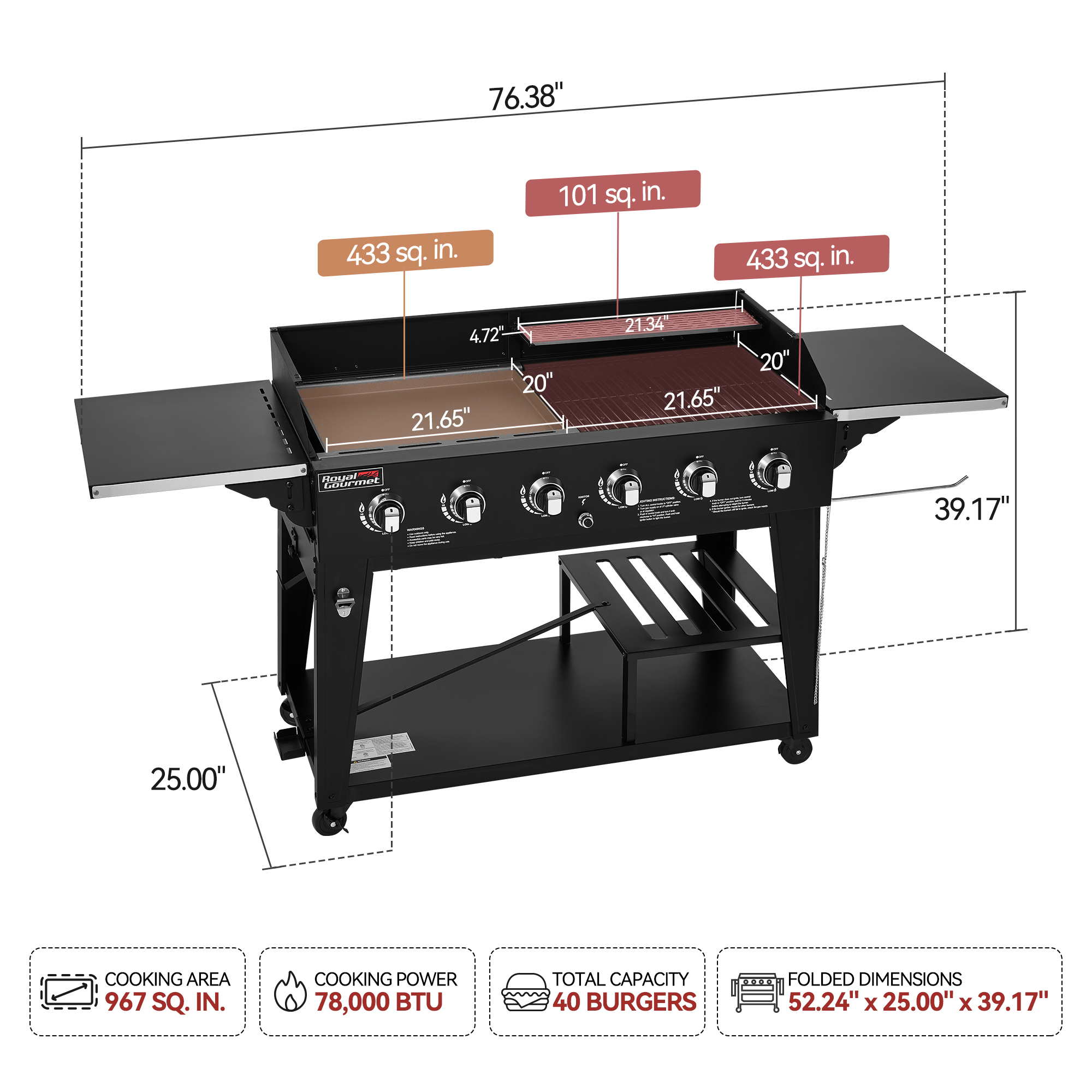 Royal Gourmet GD601B 6-Burner Gas Grill and Griddle Combo,2-in-1 Large Cooking Capacity Grill & Griddle for Back Yard, Garden, Family Party, BBQ, Black
