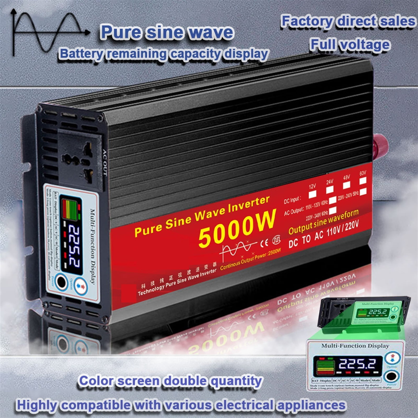 Pure Sine Wave Inverter DC 12v/24v To AC 110V/220V 2000W 3000W 4000W 5000W Voltage Transformer Power Converter Solar Inverter ,Comprehensive Security Protection
