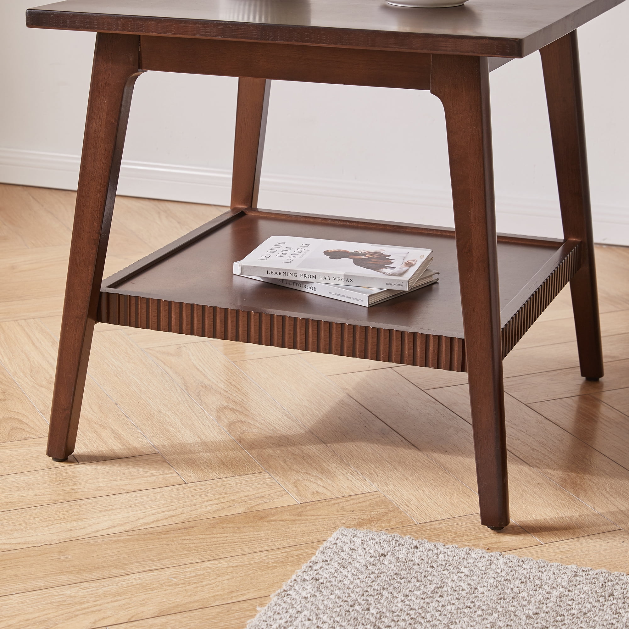 GARITIN Solid Wood End Table, 2-Tier Square Side Table with Storage Shelf, Modern Nightstand Accent Table for Living Room Sofa Couch Side, Walnut