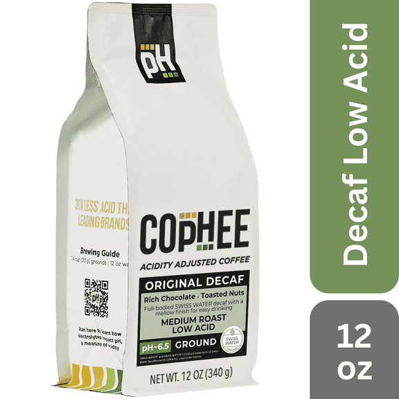 COpHEE - Decaf - Low Acid Coffee for Reflux, Heartburn and Indigestion - 12 oz Ground Medium Roast Arabica