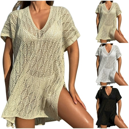 Axiiglly Beach Cover Ups for Women V Neck Crochet Coverups Summer Casual Bikini Vacation Oufits Side Split Swimwear Coverup Hollow Out Bathing Suit Cover Up