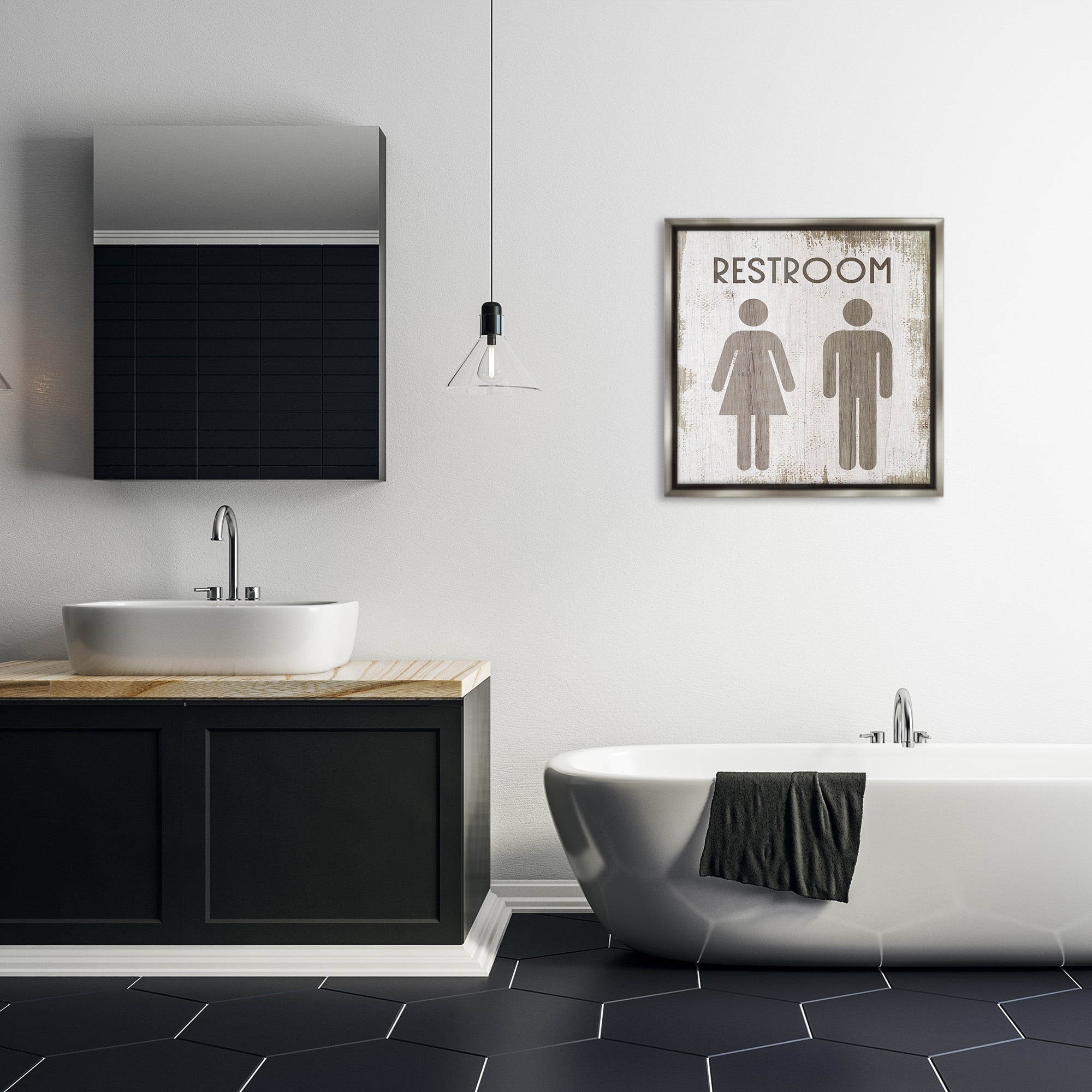 Stupell Industries Vintage Restroom People Silhouettes Typography Painting Gray Floater Framed Canvas Art Print Wall Art, 25 x 25