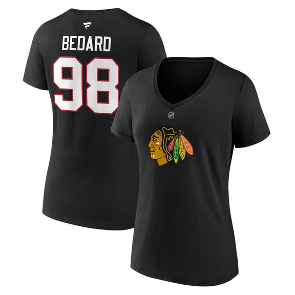 Women's Fanatics Connor Bedard Black Chicago Blackhawks Authentic Stack Name & Number V-Neck T-Shirt