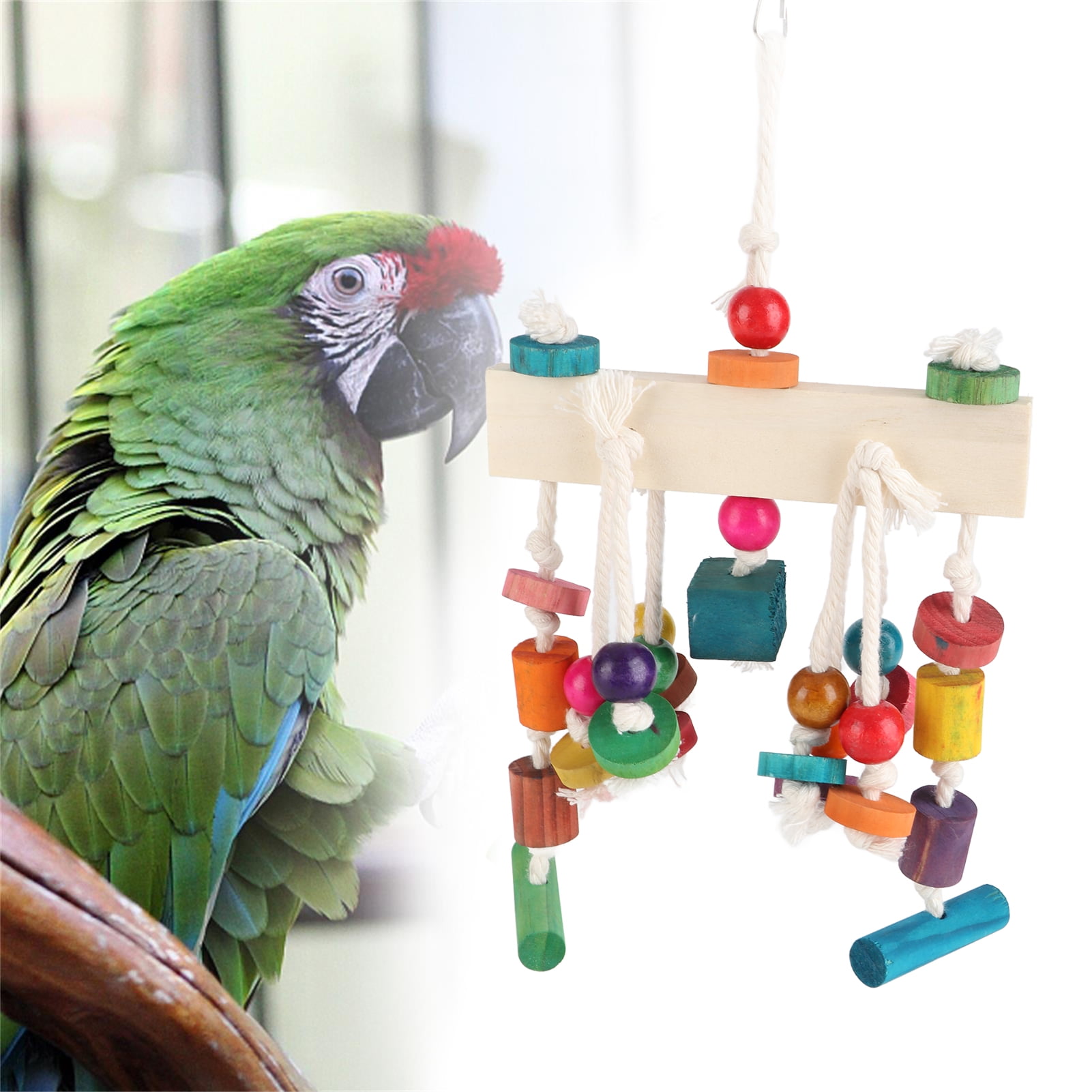 Riousery Wood Parrot Toy Bird Chewing Funny Swing Hanging Ladder Climbing Supply with Cotton Rope and Colorful Beads (11.81 inches / 30 cm)