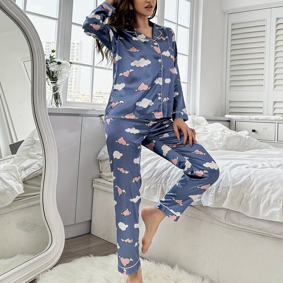 Women Satin Pajamas Shorts Sets Valentines White Cloud Silk Pjs Long Sleeve Button Down Comfy Pjs For Women Set Blue M