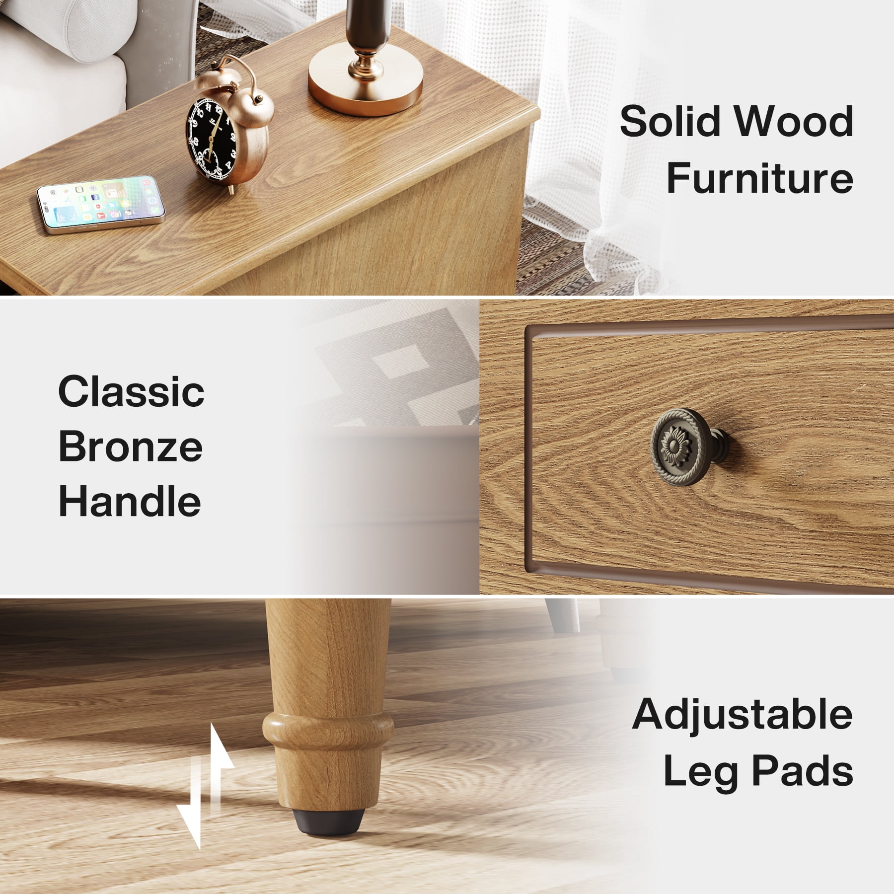 Tribesigns Narrow Side Table with Drawers, Solid Wood End Table with 3 Drawers, Fully Assembled Nightstand Slim Bedside Table for Small Spaces, Living Room, Bedroom, Wood Color