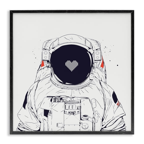 Stupell Industries Minimal Astronaut with Heart Outer Space Painting Black Framed Art Print Wall Art, 12 x 12