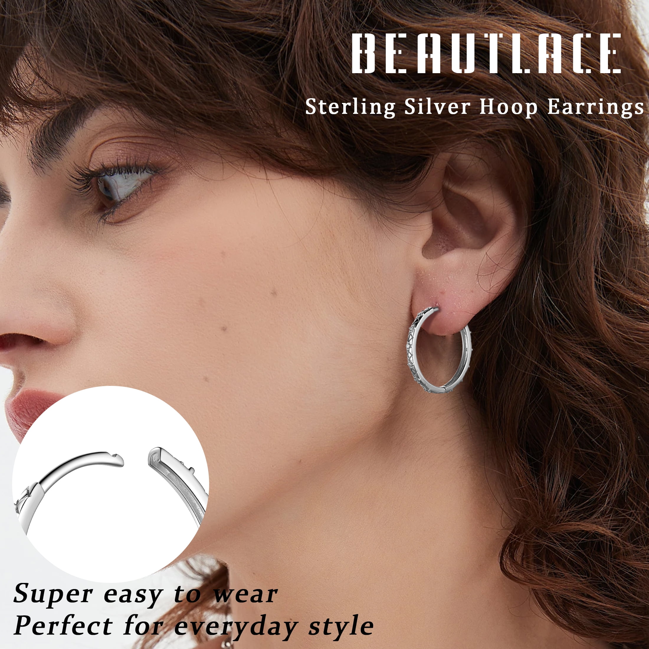 Beautlace 14K White Gold over 925 Sterling Silver Hoop Earrings for Women, 24mm Filigree Design with 5A Cubic Zirconia Earrings Hoops Christmas Birthday Jewelry Gift for Her