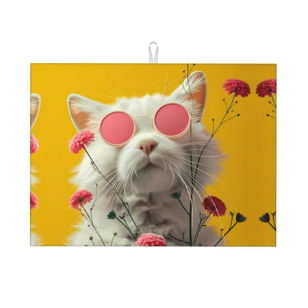 

Dish Drying Mat Floral Sunglasses Cat Art Highly Absorbent Microfiber Drying Mat Kitchen Counter or Sink Drawer Liner 16x18 Kitchen Drying Mat Coffee Mat Kitchen Essentials