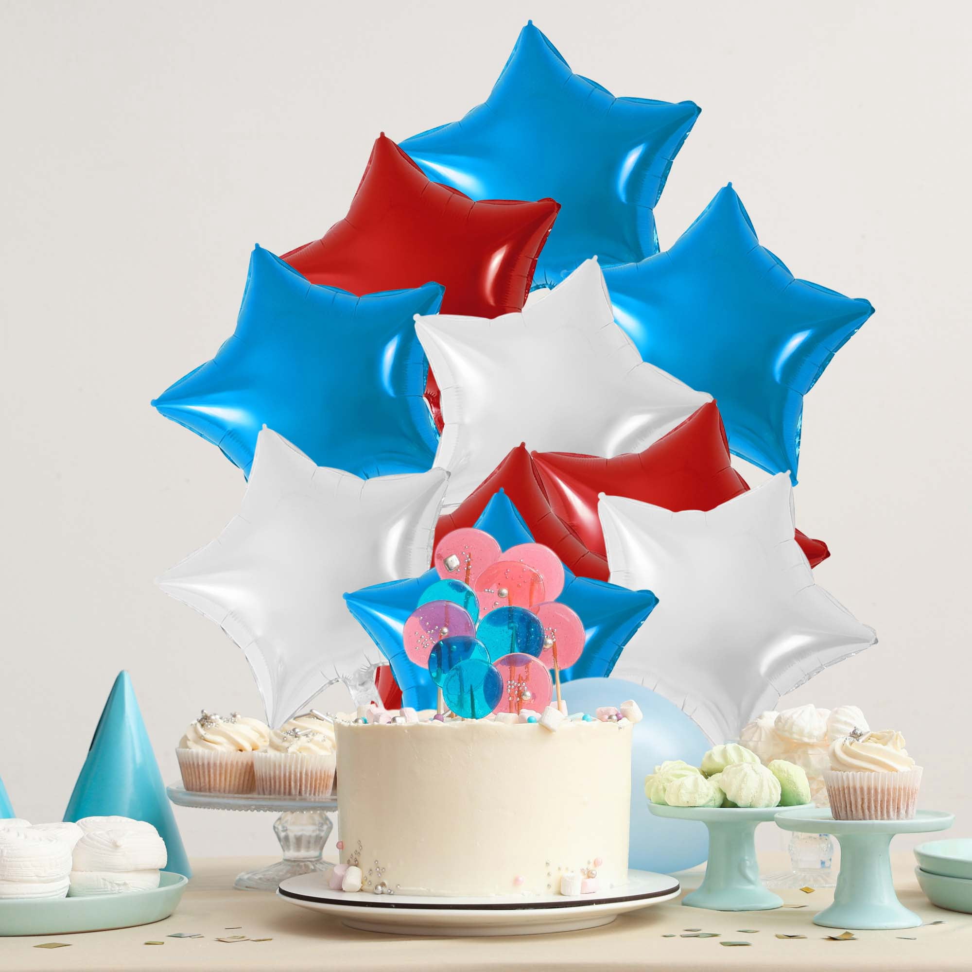 Unique Bargains 10Pcs Helium Balloons with Ribbon Star Pattern Red Blue Silver Tone