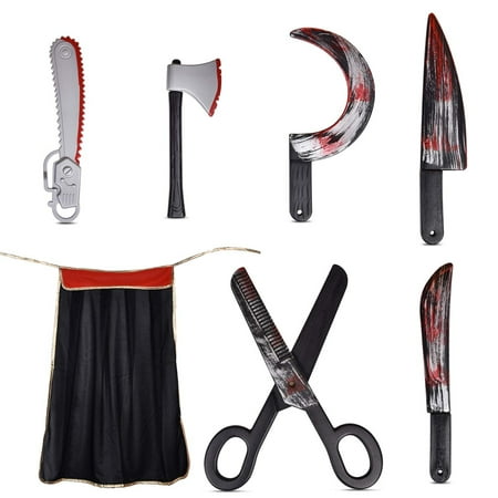 7 PCs Horror Party Decoration Bloody Weapons, Fake Weapons Dress Up Accessories For Haunted Houses Sickle, Axe, Saw, Scissors, Bloody Knives and Kids Halloween Cape