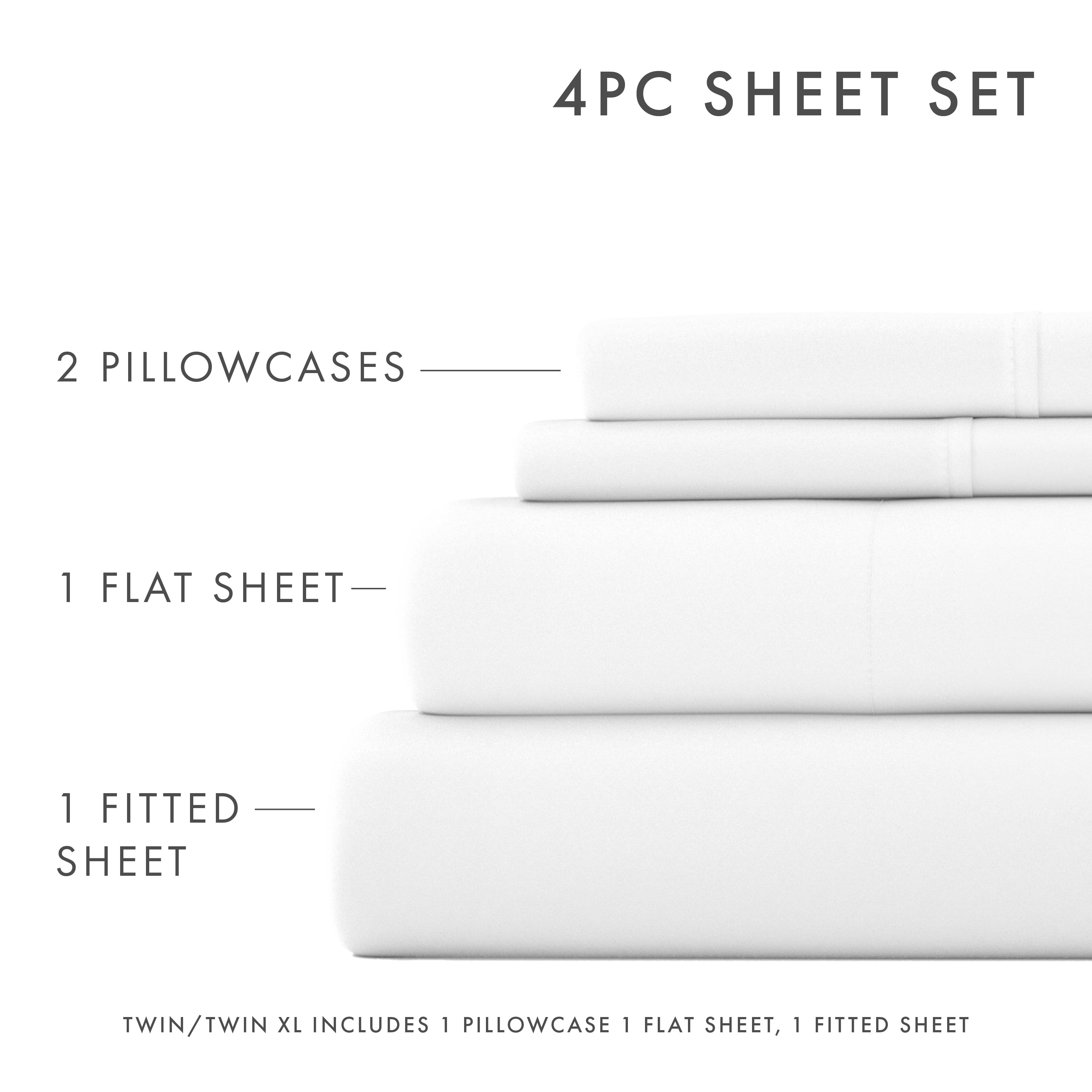 Noble Linens 4 Piece Solid Microfiber Bed Sheet Set, White, TwinXL