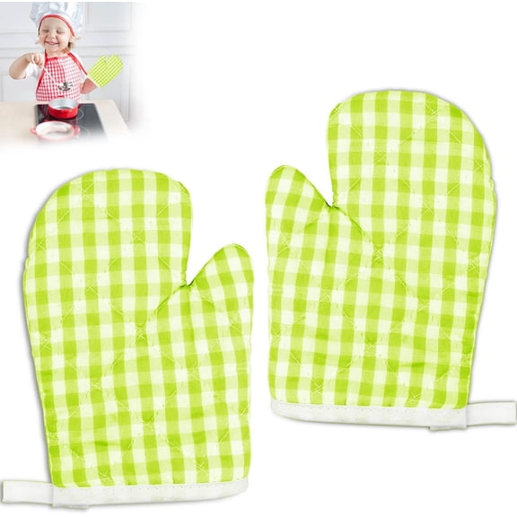 ABPETE  2 Pack Kid Oven Mitts for Kids Heat Resistant Kitchen Mitts, Great for Cooking Baking, Age 4-12 (7"x4.7", Green)