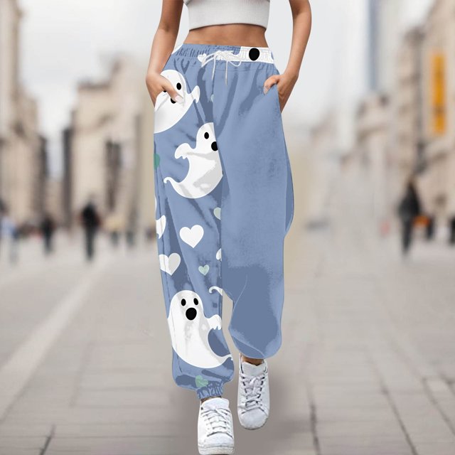 WILLBEST Pantalones Casuales para Mujer, Cómodos Pantalones Deportivos con Estampado de Halloween, Cintura Elástica Suave, Ideales para Uso Diario y Relajación 6 Grande