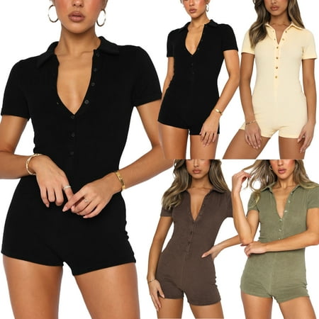 

GuliriFei Women Rib Knit Printed Y2K Jumpsuit Short Sleeve V Neck Romper Bodycon Collared One Piece Bodysuit Playsuit