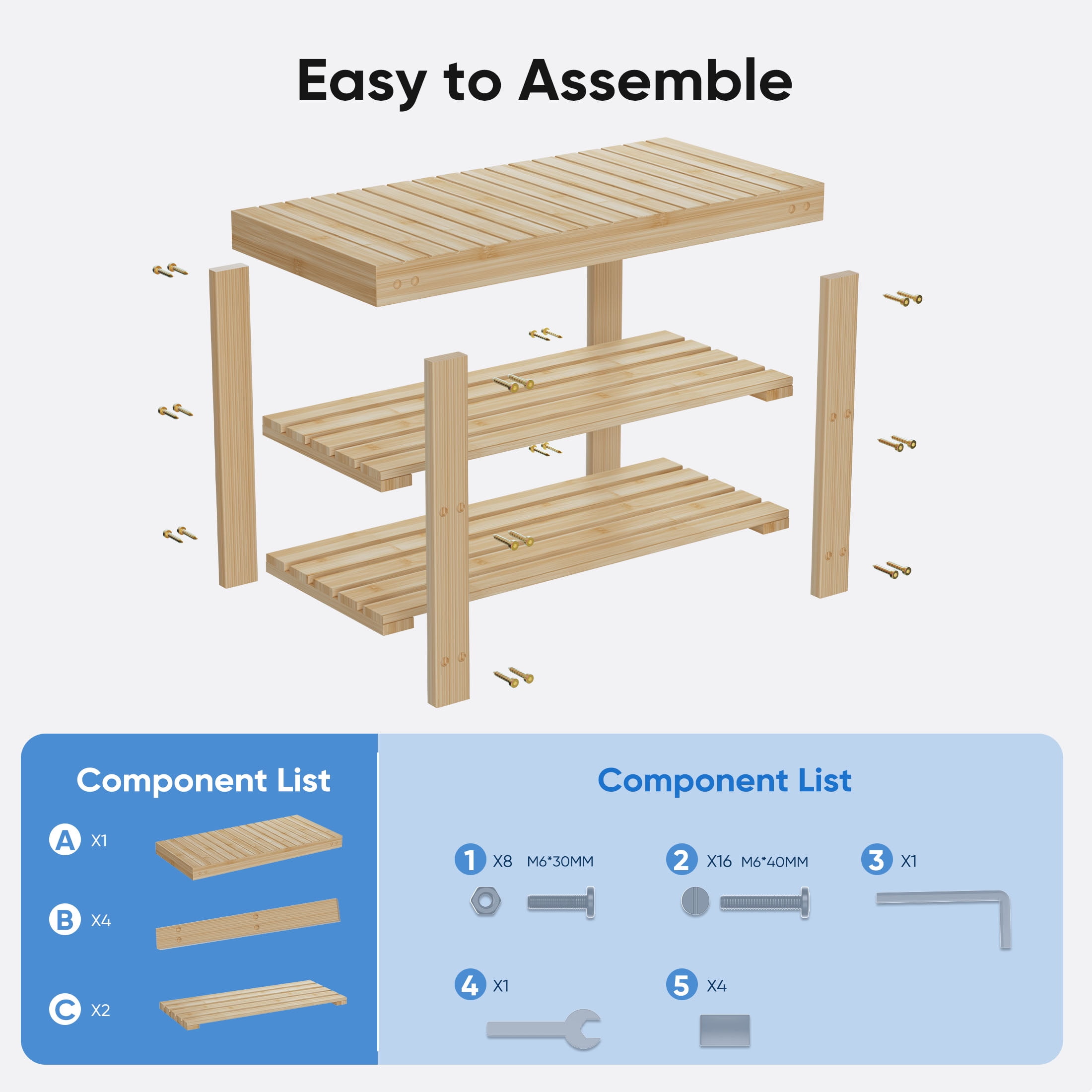EDX 3-Tier Bamboo Shoe Rack Bench, 11.3 x 27.6 x 17.8 Inches Compact Storage Organizer with 286lb Capacity for Entryway, Bedroom and Living Room, Wood