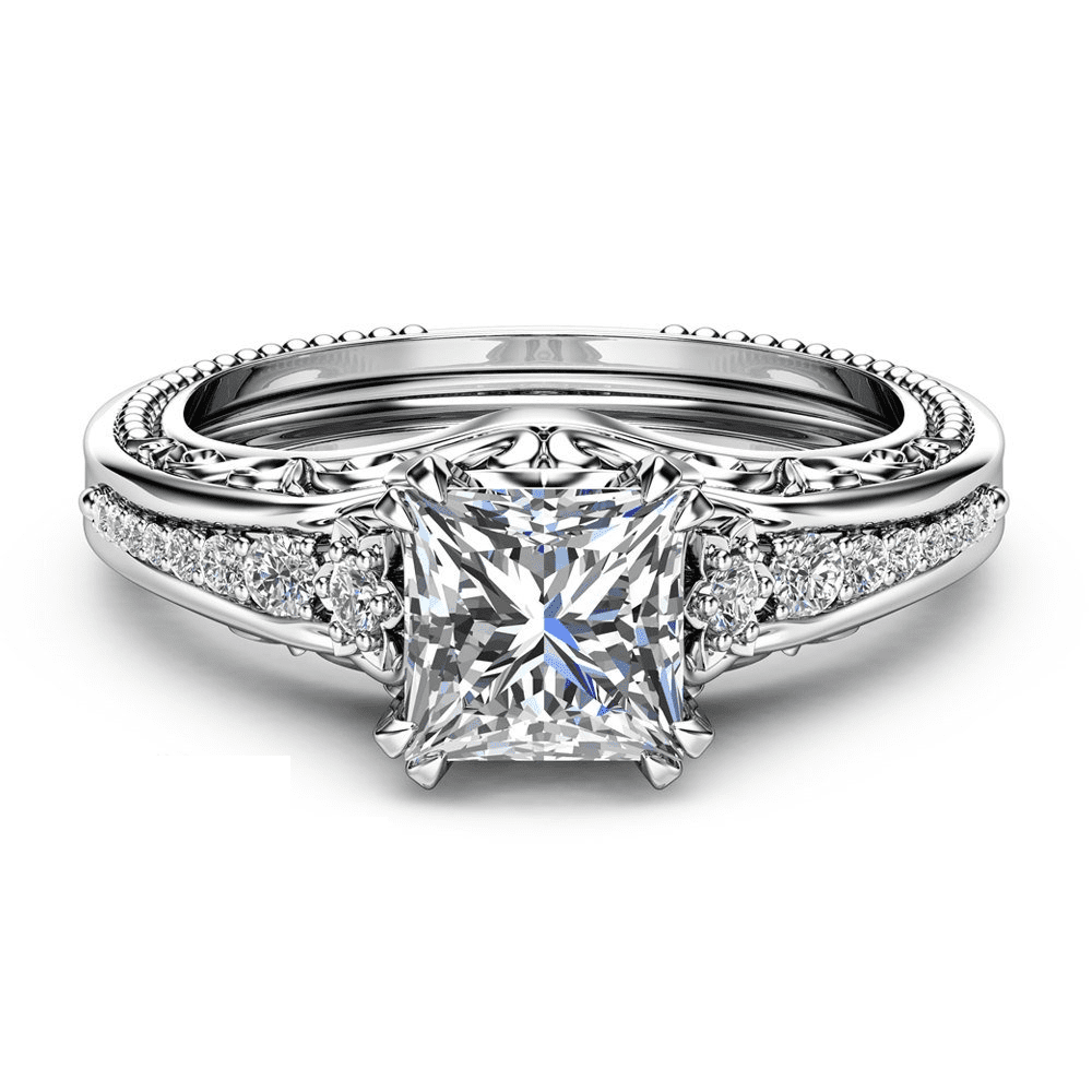 HeartsAndYou 2ct Princess Cut Moissanite Engagement Ring for Women 18k White Gold over Silver Milgrain Vintage Inspired