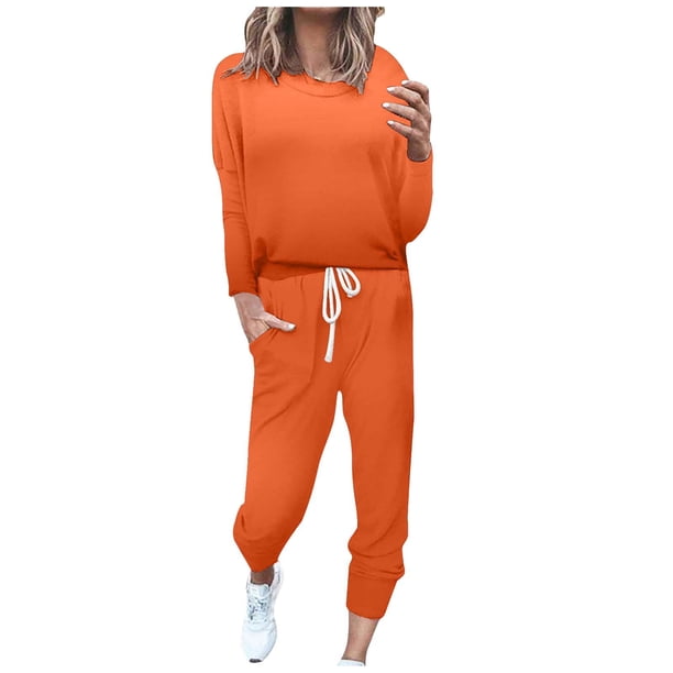 Gibobby Conjunto de sudadera y pantalones Conjunto de dos piezas de manga larga suelta informal con cuello redondo de color sólido para mujer(Naranja,M)