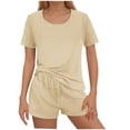 thumbnail image 2 of hxobax Women Comfy Pajamas 2 Piece Rib-Knit Short Sleeve T-Shirt Tops and Elastic Waist Shorts Sets Solid Crewneck Blouse Lounge Set Soft Sleepwear Loungewear with Chest Pocket,Beige,XX-Large, 2 of 6