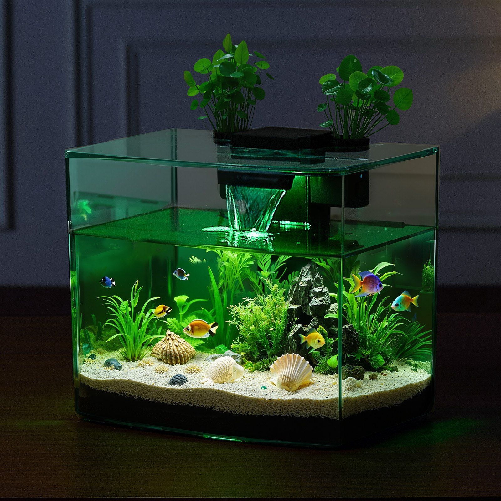 3.5 Gallon Fish Tank Aquarium with Smart Arch Design, Clear HD GPPS Material, 3-Color Adjustable LED Lighting, Self-Cleaning System, Oxygenation, Water Circulation, Hydroponic Plant Tray