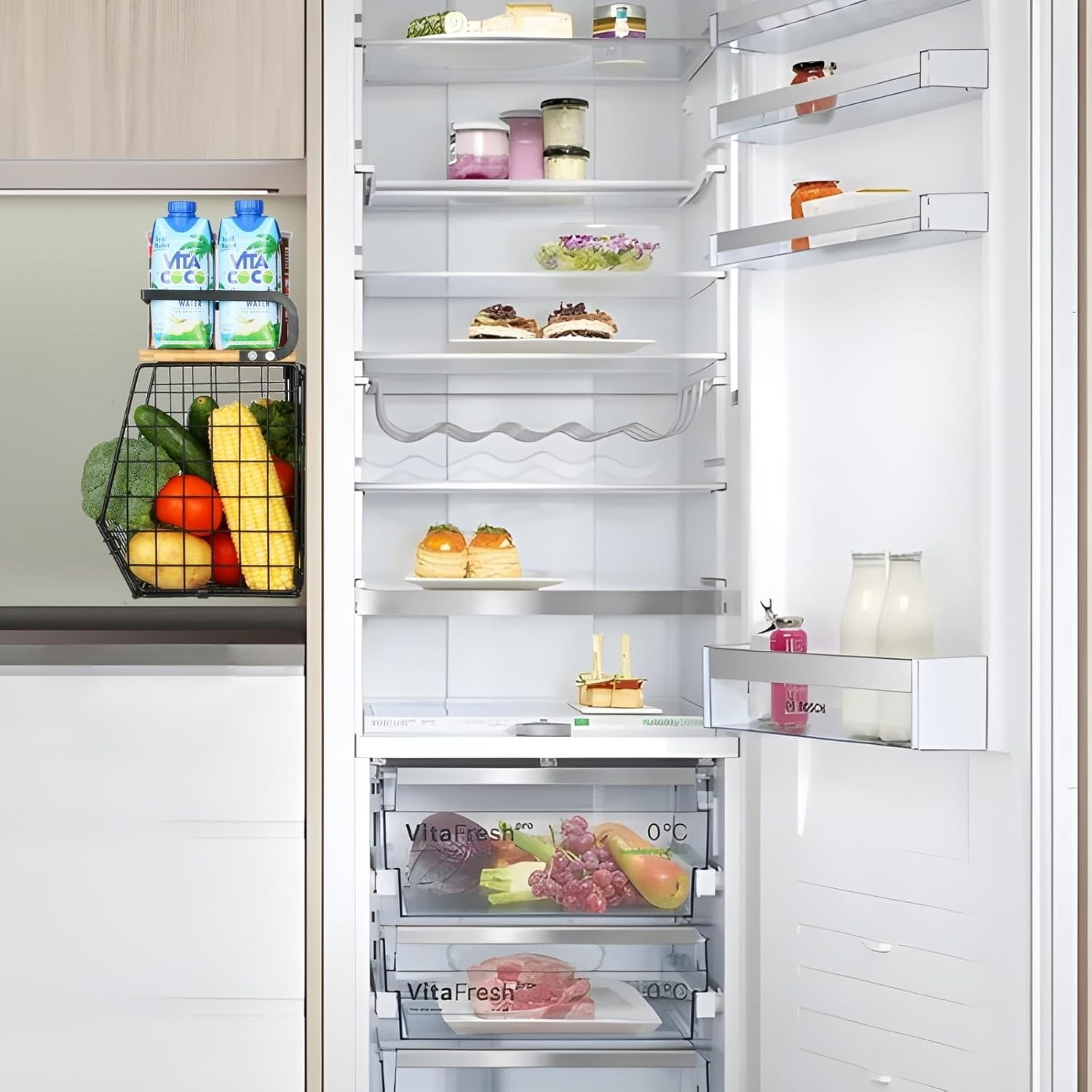 Shelf for Fridge with Wood Lid, Fruit Potato and Onion Storage Bins, Pantry Organizers & Storage, Large Container Magnetic Spice Rack for Refrigerator, Kitchen Counter, Cabinet (2, White)