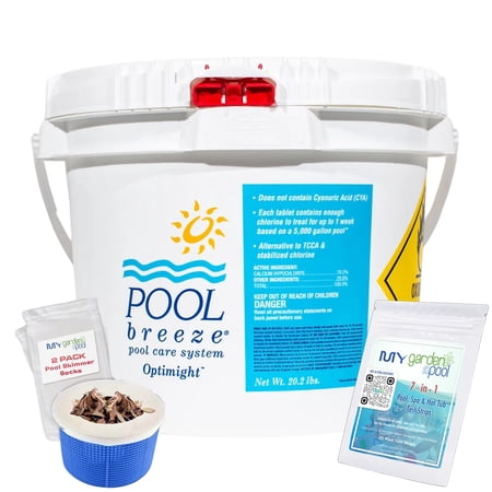 Pool Breeze Optimight Cal Hypo Tablets 88440-20.2 LB Chlorination Solution with My Garden Pool 7 in 1 Test Strips & Scum Socks