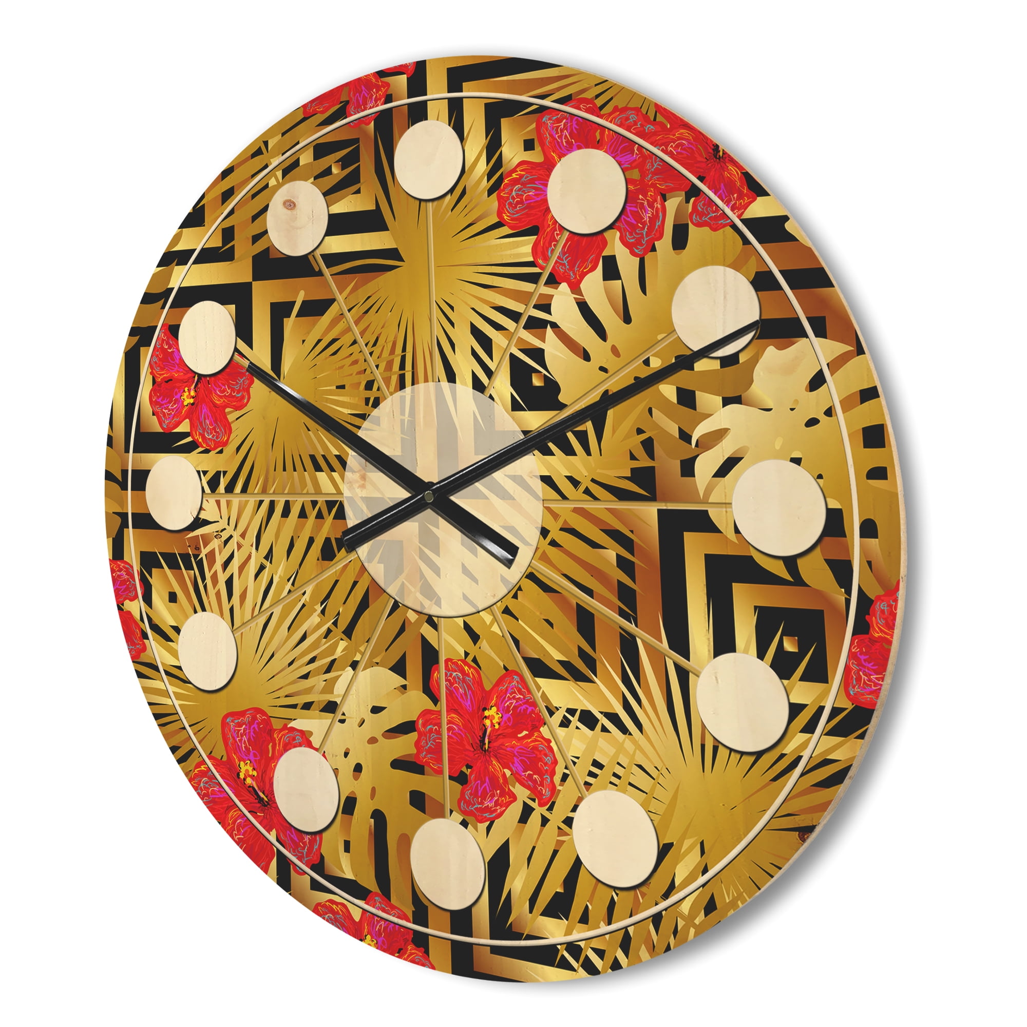 Designart 'Tropical Luxury Gold Pattern I' Mid-Century Modern Wood Wall Clock