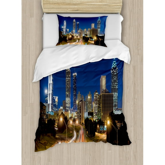 Urban Duvet Cover Set King Size, Image of Atlanta Skyline Twilight with Highway Buildings Skyscrapers Blurred Motion, Decorative 3 Piece Bedding Set with 2 Pillow Shams, Multicolor, by Ambesonne