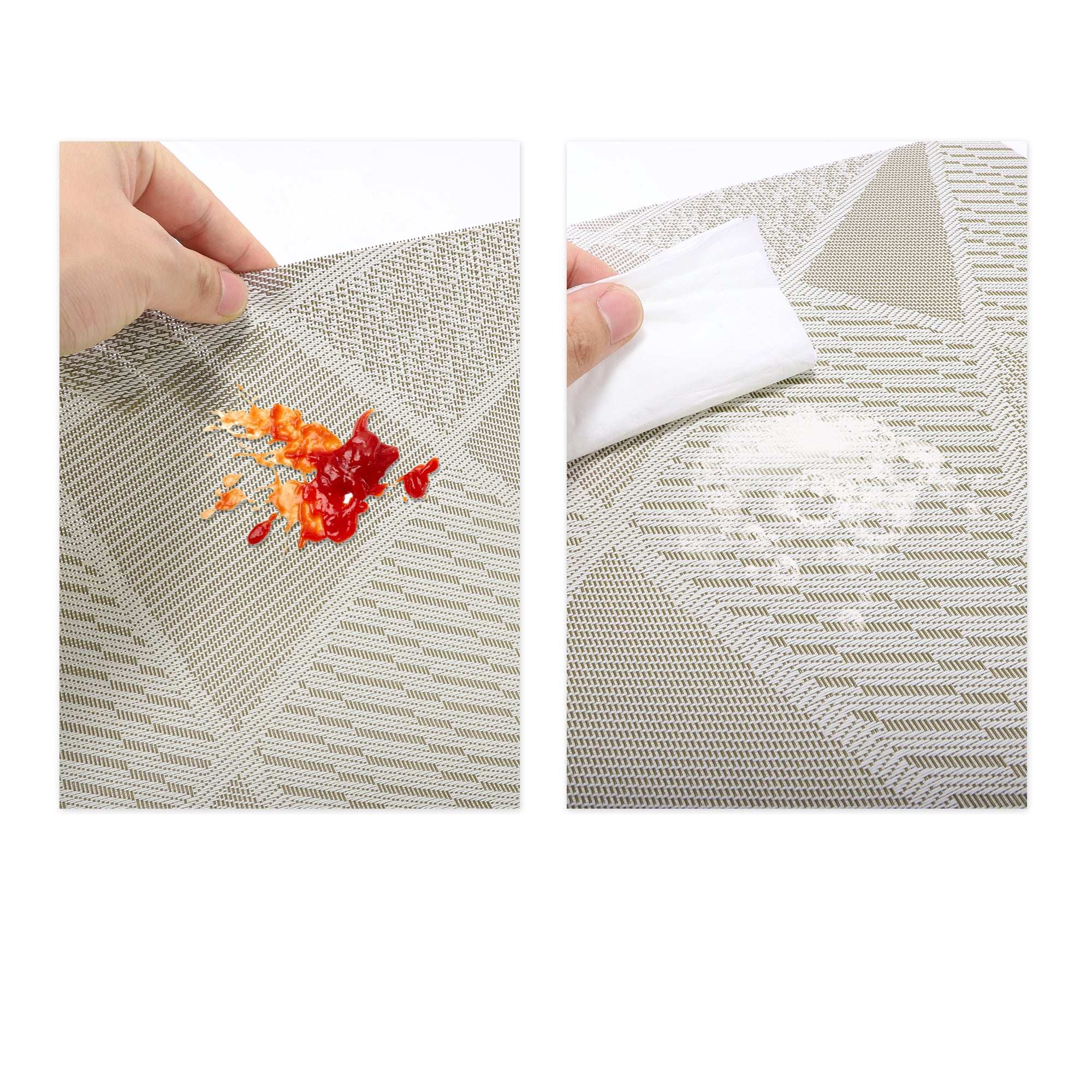 Unique Bargains 4 Pcs Blocks Pattern PET Heat Resistant Washable Placemats Khaki