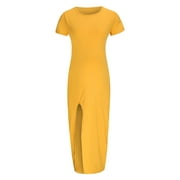 jovati Fashion Women Solid Short Sleeve Bodycon Open Fork Pregnancy Maternity Dress