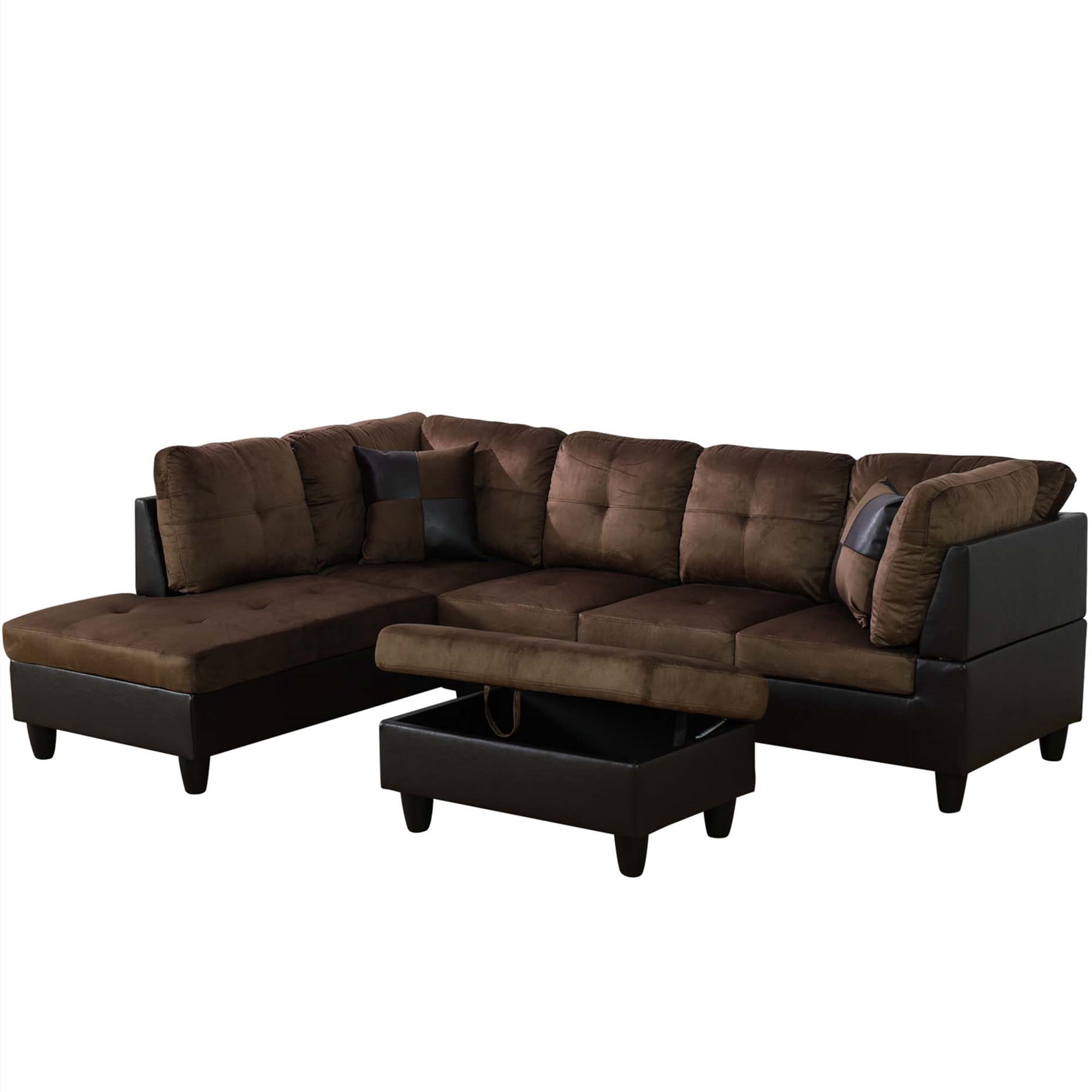 Aukfa Sectional Sofa, 3 Piece Living Room Couch with Storage Ottoman, Left Facing Chaise, Brown