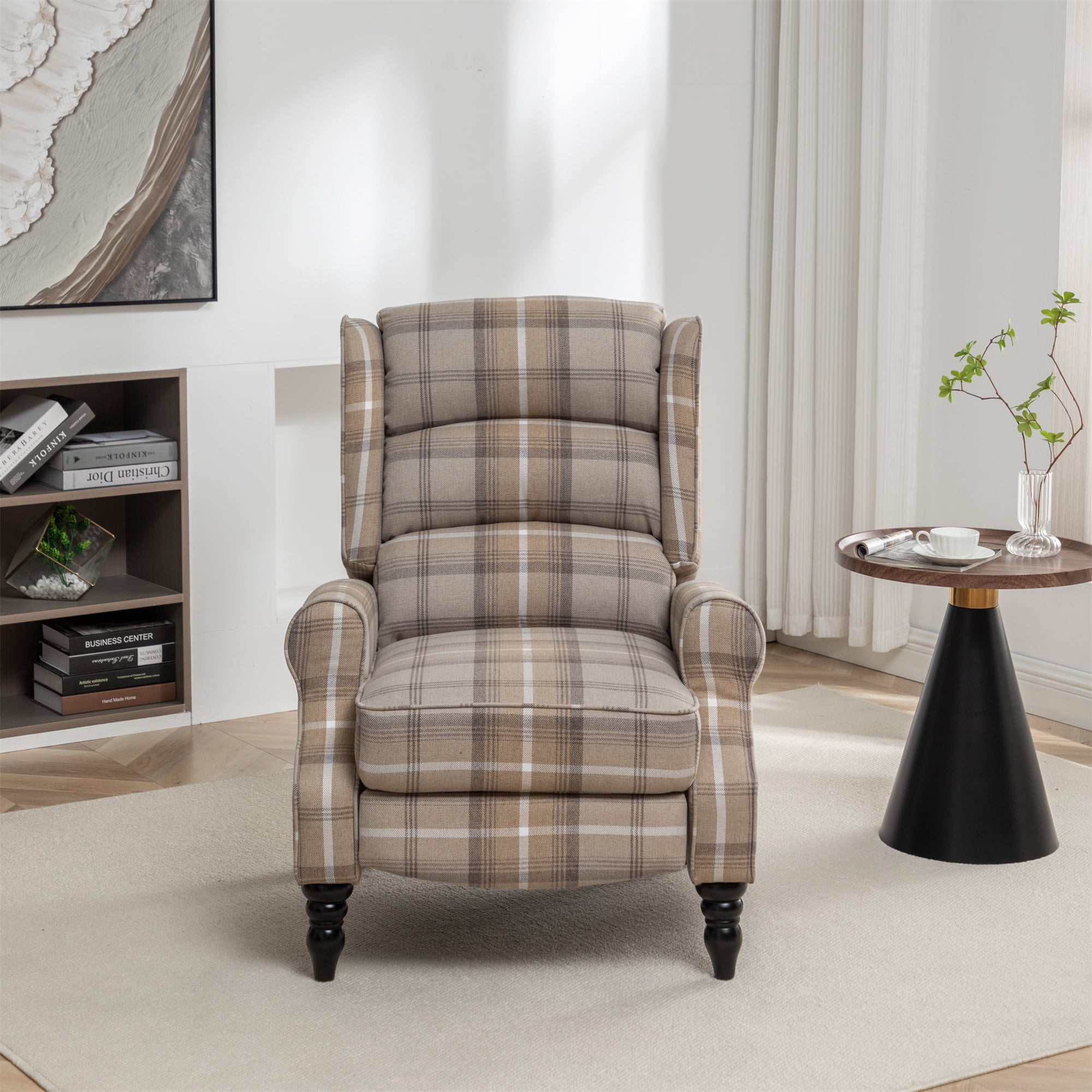 Upholstered Wingback Recliner Chair, Plaid Recliner Chair Armchair Adjustable Footrest Push Back Reclining Sofa, Mid Century Modern Lounge Armchair for Living Room, Bedroom, Reading -- Natural
