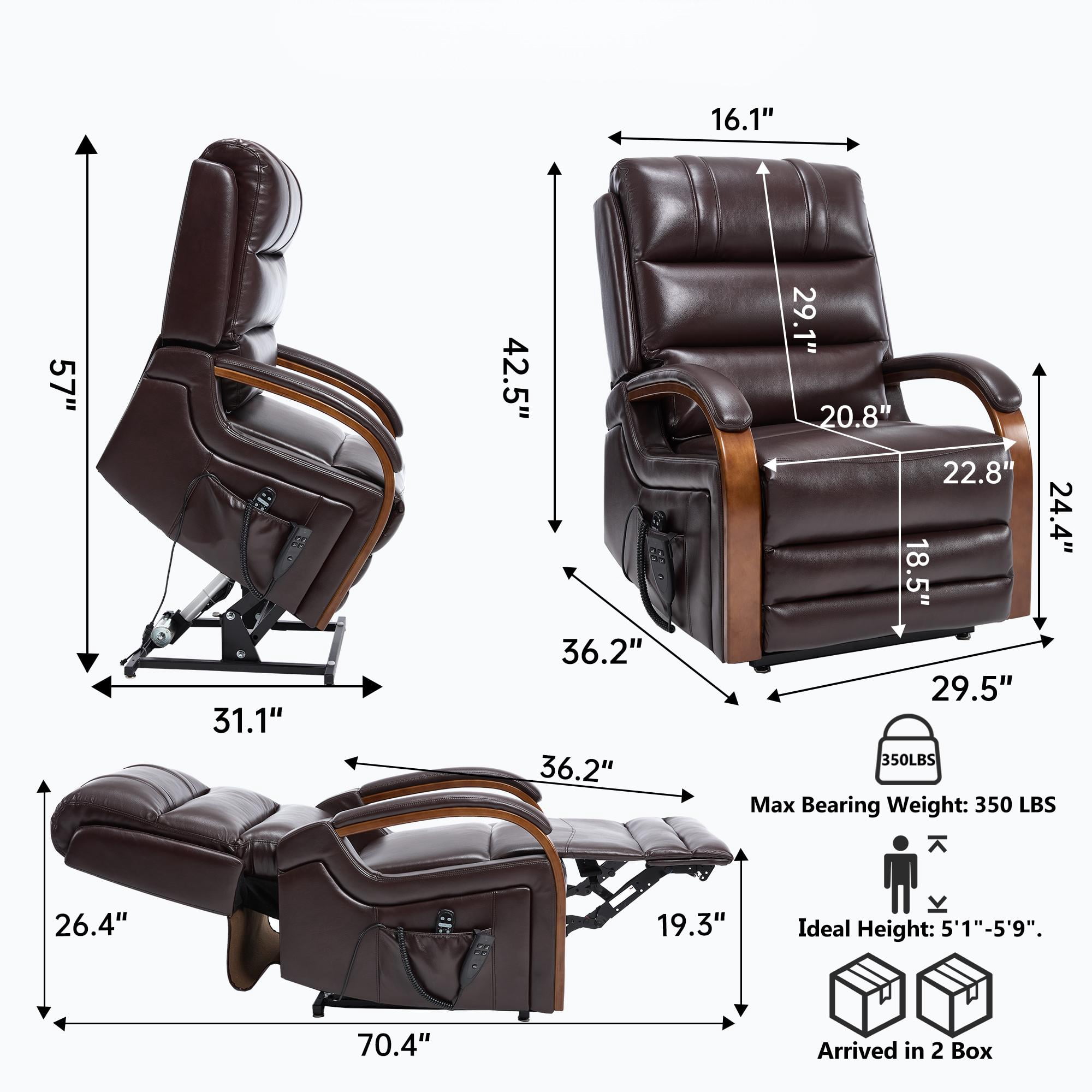 Gewnee Power Lift Recliner Chair with Heat and Massage,Lay Flat Assist Recliner with Side Pocket & Solid Wood Armrest,Lift Chair for Living Room.Brown PU