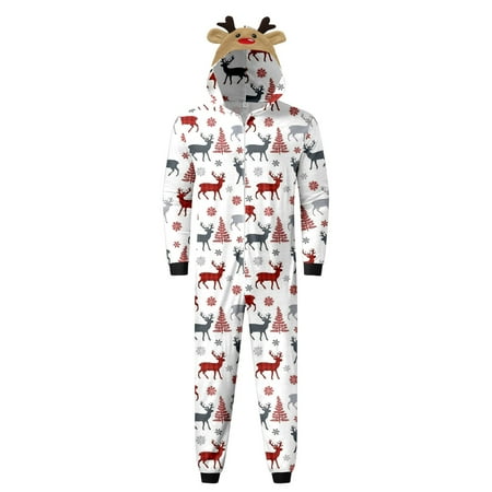

Youmylove Men Merry Christmas Sets White Printed Hooded Zipper Jumpsuit Family Outfit