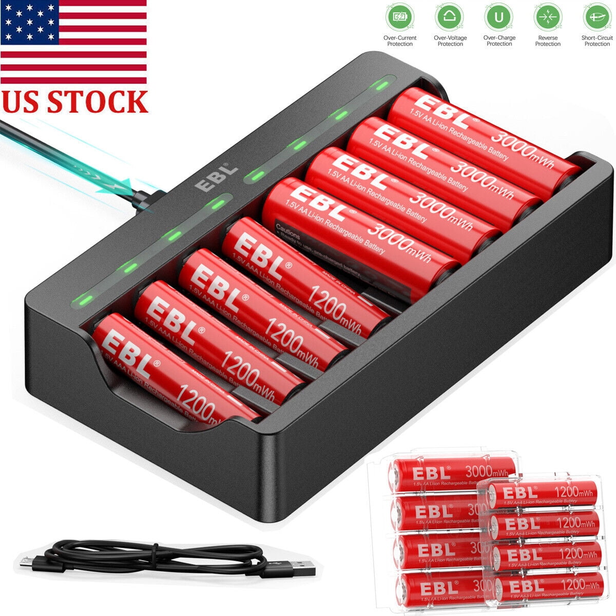 EBL 4x AA and 4x AAA Rechargeable Lithium Li-ion Batteries 1.5V with 8 Slots Smart Battery Charger