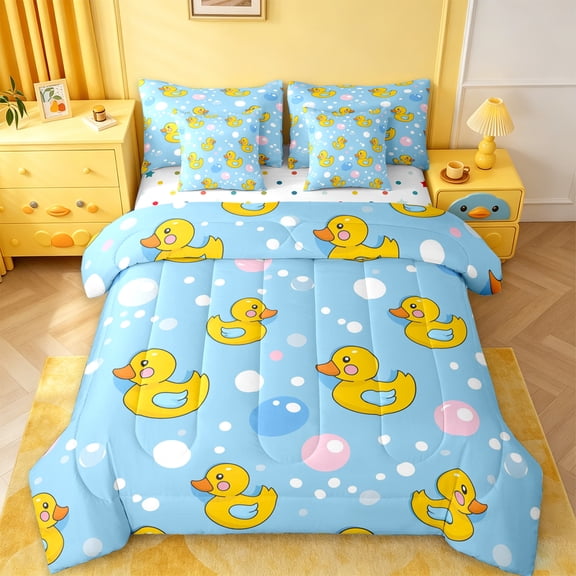 jejeloiu Lovely Duck 7-Piece Twin Bedding Sets,Cute Balloon Bedding Comforter Set,Yellow Blue Sheet Sets For Kids Teens,Super Cozy Room Decor Reversible