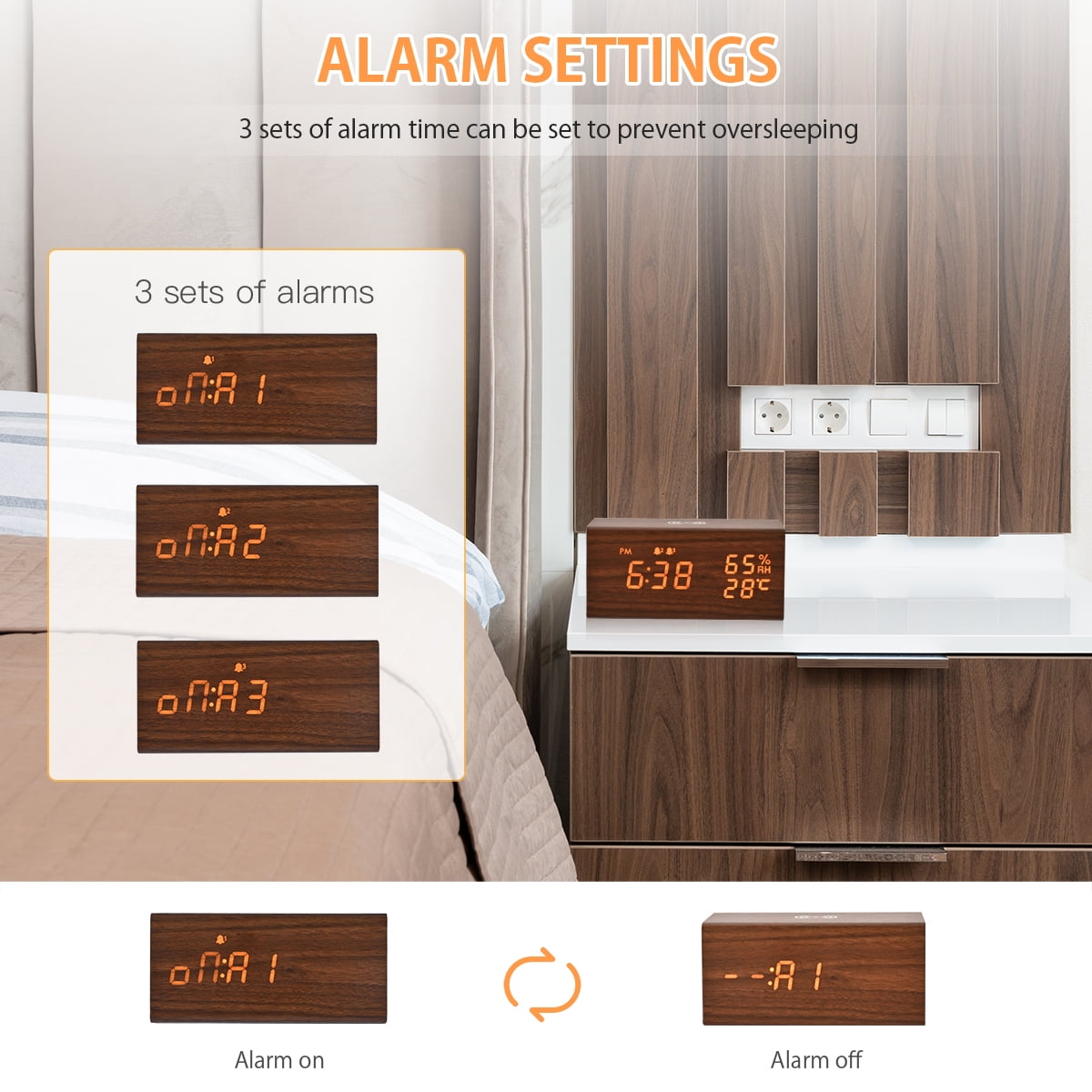 ELECTIME Wooden Digital Alarm Clock with Wireless Charging, Bluetooth Speaker, Temperature, Humidity