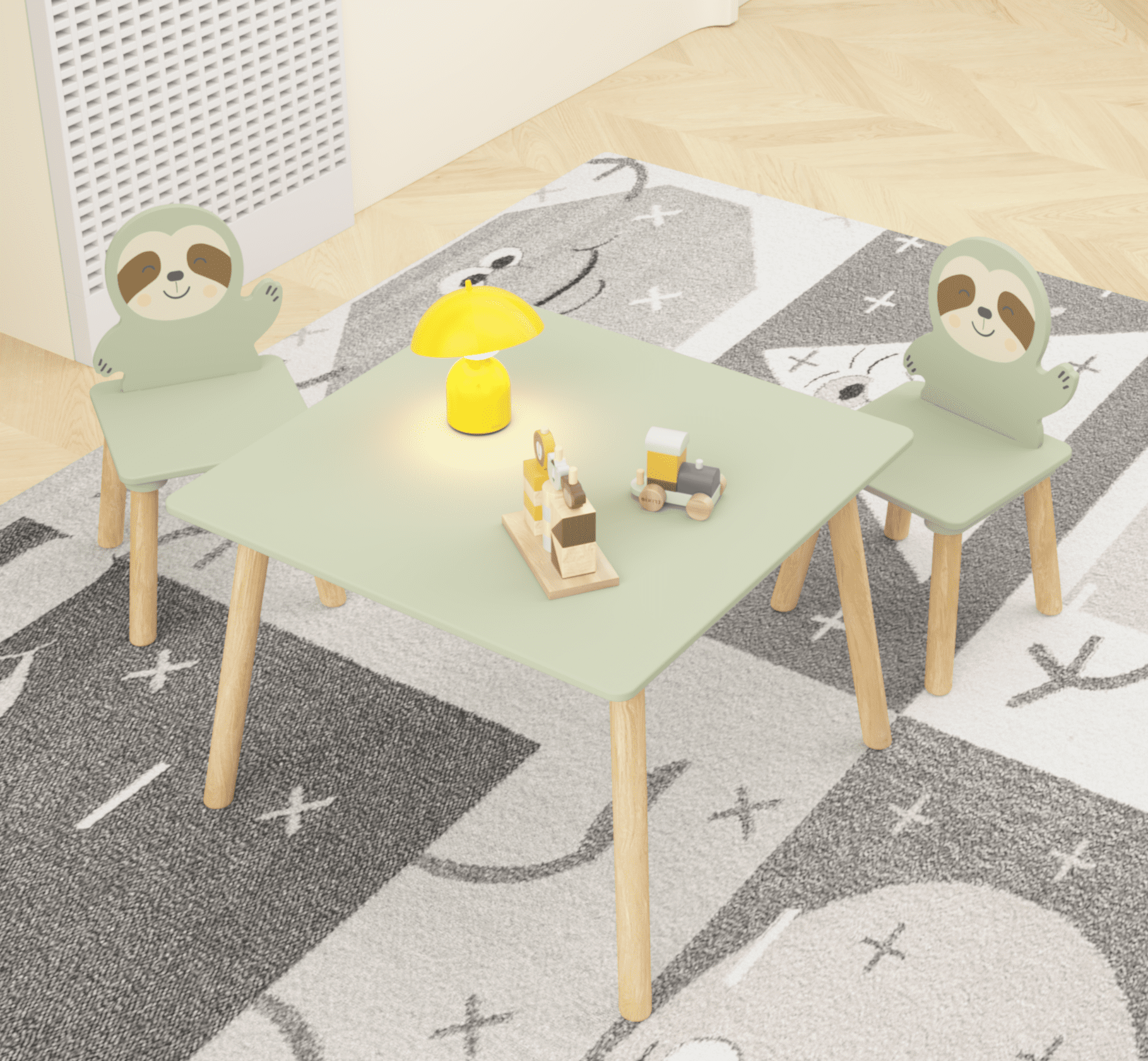 Kids Table and 2 Sloth Chairs Set, Wooden Toddler Activity Play Study Table, Cute Animal Design for Ages 2-8, Playroom Bedroom Classroom