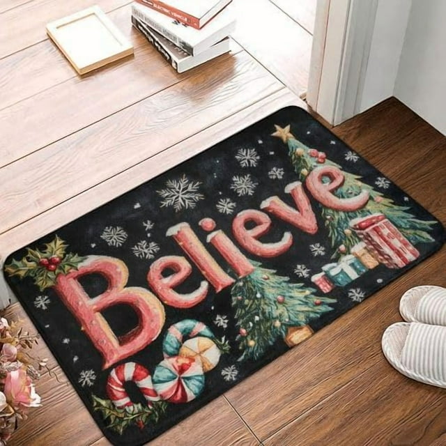 Christmas Doormat Black Small Area Rug Holiday Decor Non-Slip Low Pile Washable Throw Rugs for Entryway Kitchen Bathroom Front Door Indoor 20x31 Inch(Believe2)